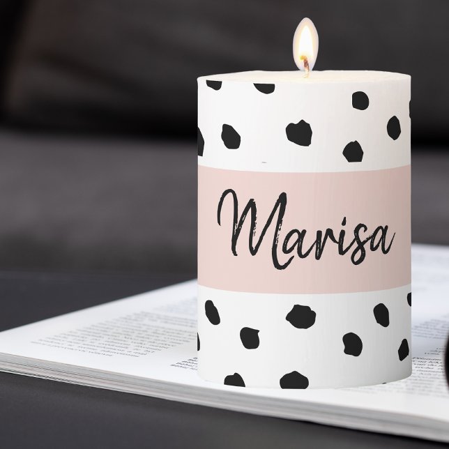 Modern Monogram Name | Pastel Pink & Black Dots Pillar Candle (Creator Uploaded)