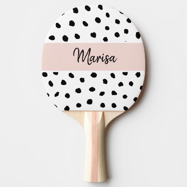Modern Monogram Name | Pastel Pink & Black Dots Ping Pong Paddle (Front)