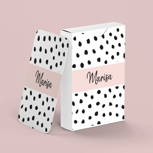 Modern Monogram Name  Pastel Pink  Black Dots Playing Cards