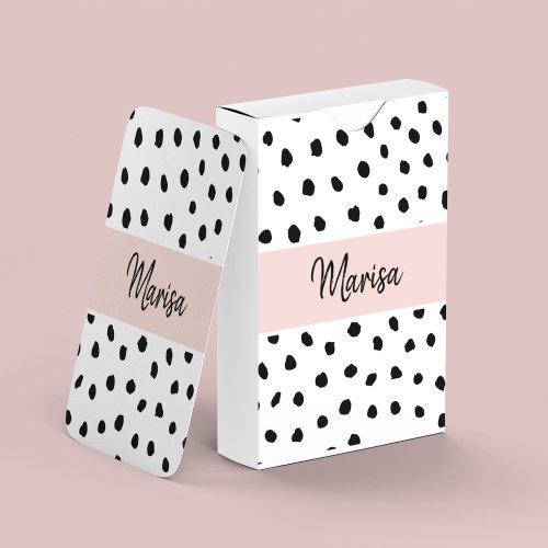 Modern Monogram Name  Pastel Pink  Black Dots Poker Cards