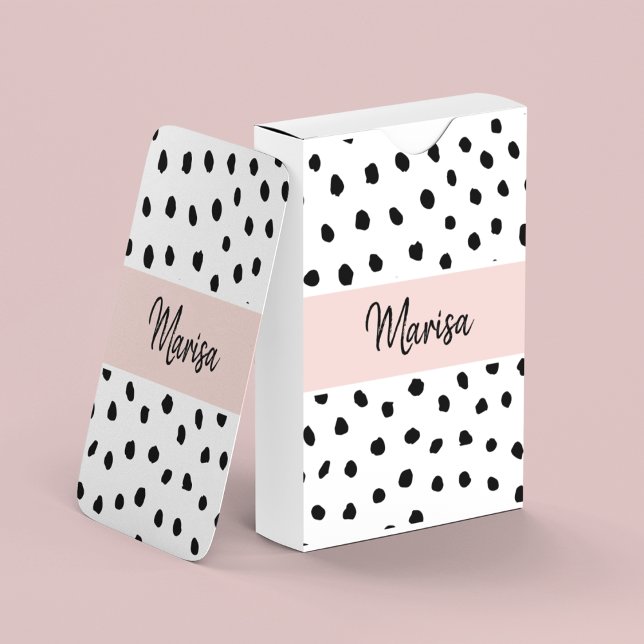 Modern Monogram Name | Pastel Pink & Black Dots Poker Cards (Creator Uploaded)