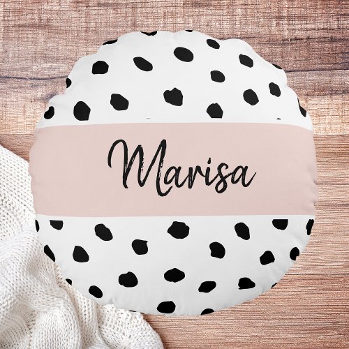 Modern Monogram Name  Pastel Pink  Black Dots Round Pillow