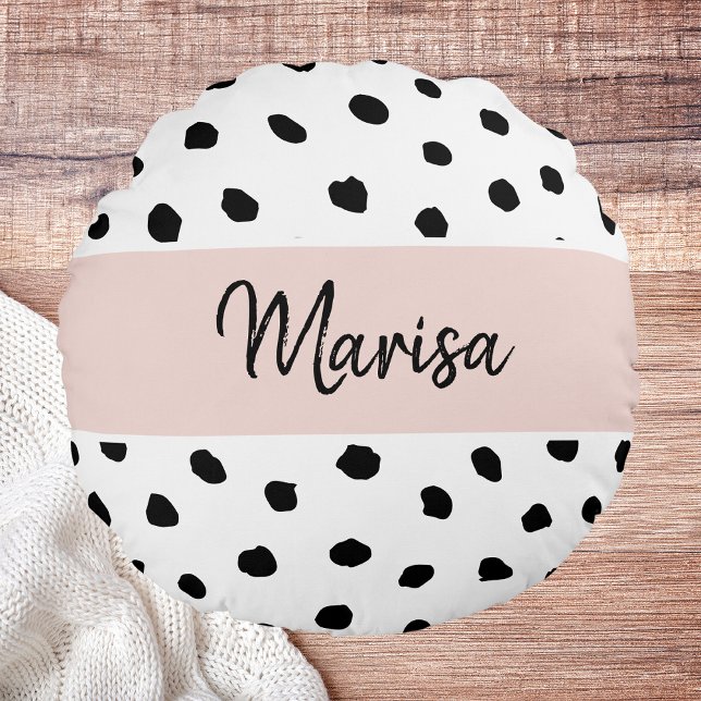 Modern Monogram Name | Pastel Pink & Black Dots Round Pillow (Creator Uploaded)