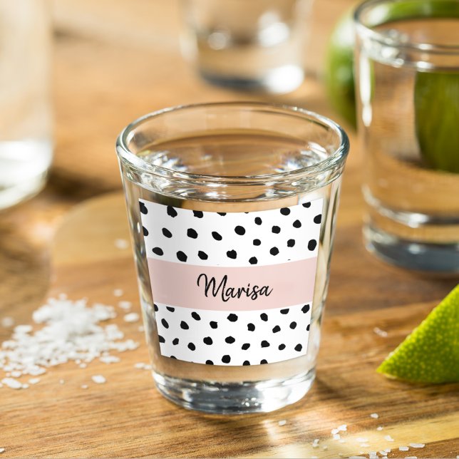 Modern Monogram Name | Pastel Pink & Black Dots Shot Glass (Creator Uploaded)