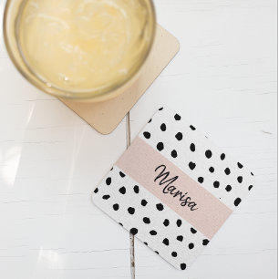 Modern Monogram Name Pastel Pink & Black Dots Square Paper Coaster