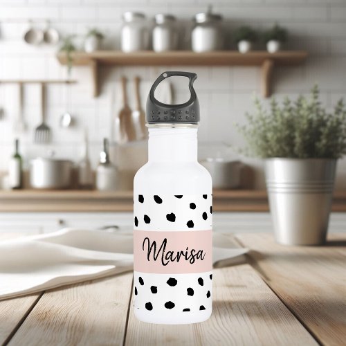 Modern Monogram Name  Pastel Pink  Black Dots Stainless Steel Water Bottle