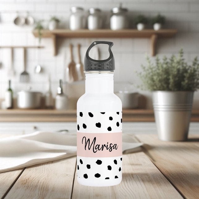 Modern Monogram Name | Pastel Pink & Black Dots Stainless Steel Water Bottle (Creator Uploaded)