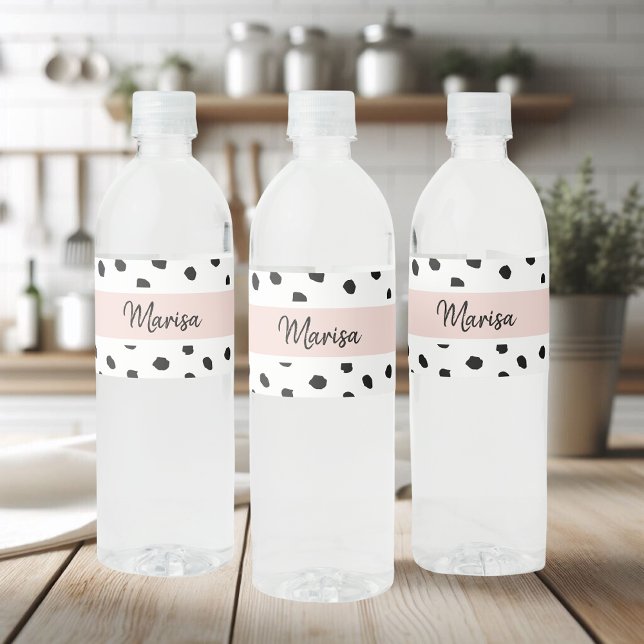 Modern Monogram Name | Pastel Pink & Black Dots Water Bottle Label (Creator Uploaded)