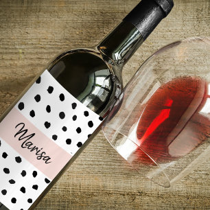 Modern Monogram Name Pastel Pink & Black Dots Wine Label