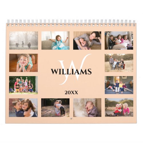 Modern Monogram Name Peach Custom 2025 Photo Calendar