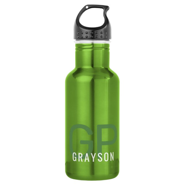 Modern Monogram Name Personalized Small Green Stainless Steel Water Bottle (Front)