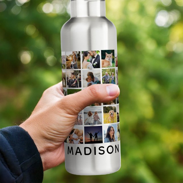 Modern Monogram Name Photo Collage Stainless Steel Water Bottle (Creator Uploaded)