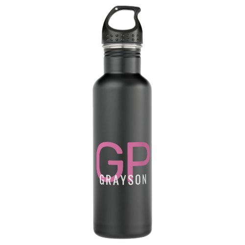 Modern Monogram Name Pink Black Personalized  Stainless Steel Water Bottle