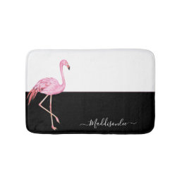 Modern  Monogram Name Pink Flamingo Black Bath Mat