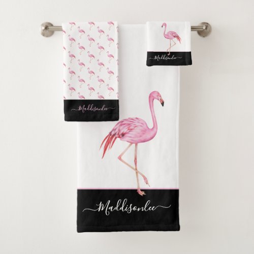Modern  Monogram Name Pink Flamingo Black Bath Towel Set