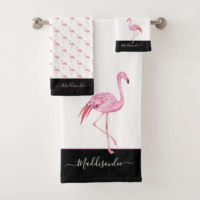 Modern  Monogram Name Pink Flamingo Black Bath Towel Set (Insitu)