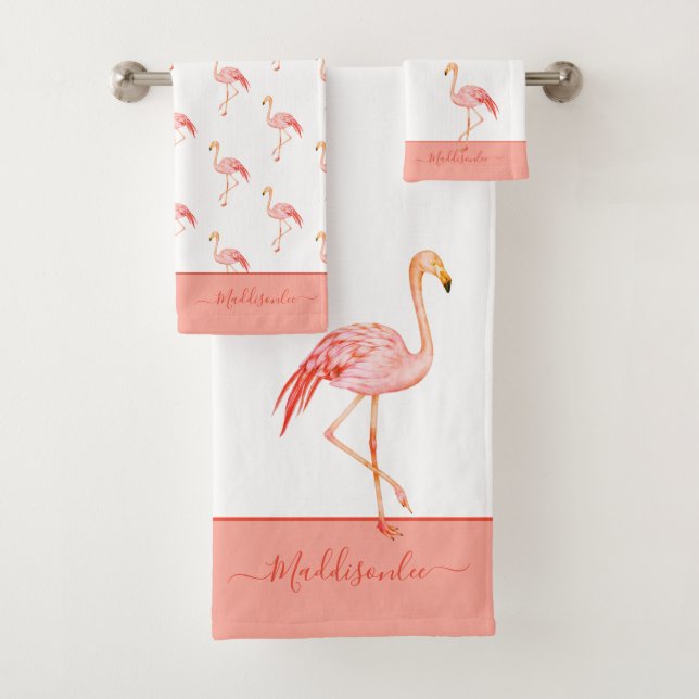 Modern  Monogram Name Pink Flamingo Blue  Bath Tow Towel Set (Insitu)