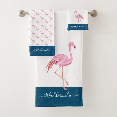 Modern  Monogram Name Pink Flamingo Blue  Bath Towel Set