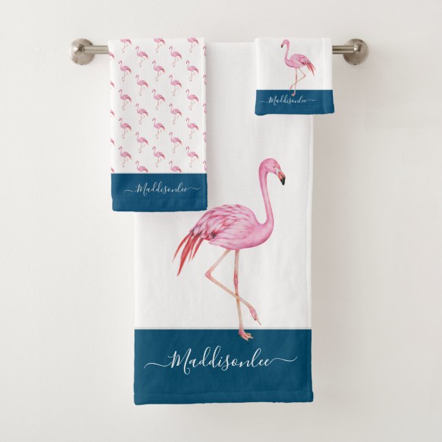 Modern  Monogram Name Pink Flamingo Blue  Bath Towel Set (Insitu)
