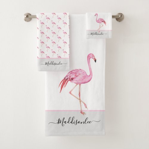 Modern  Monogram Name Pink Flamingo Gray Bath Towel Set