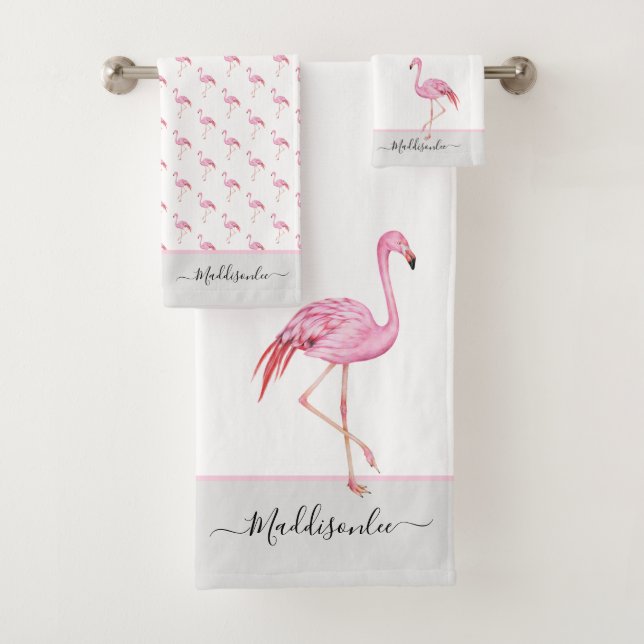 Modern  Monogram Name Pink Flamingo Gray Bath Towel Set (Insitu)