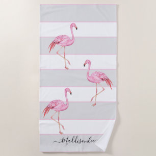 Modern Monogram Name Pink Flamingo Gray Beach Towel