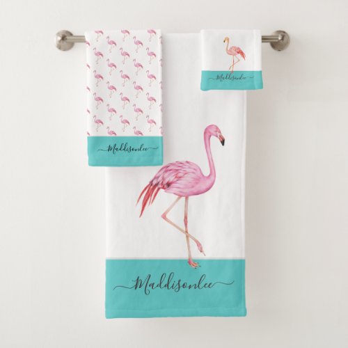 Modern  Monogram Name Pink Flamingo Teal Aqua Blue Bath Towel Set