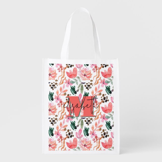 Modern Monogram Name Pink Floral Grocery Bag (Front)