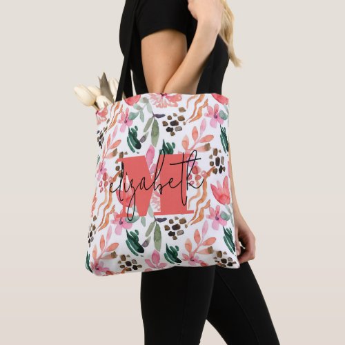 Modern Monogram Name Pink Floral Tote Bag