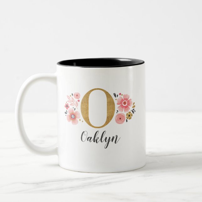 Modern Monogram Name Pink Floral Two-Tone Coffee Mug (Left)