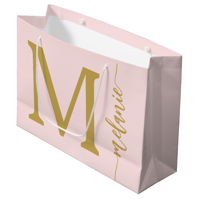 Modern Monogram Name Pink Gold Script   Large Gift Bag (Front Angled)