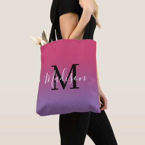 Modern Monogram Name Pink to Purple Gradient Tote Bag