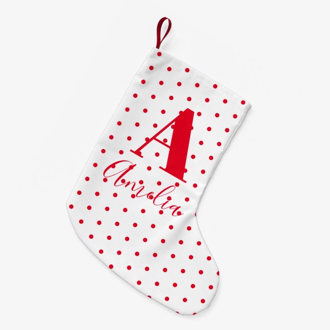 Modern Monogram Name Polka Dots Small Christmas Stocking (Front (Hanging))
