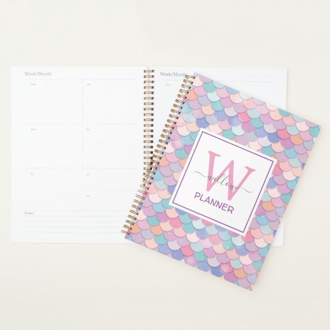 Modern Monogram Name Pretty Glam Mermaid Trendy Planner (Display)