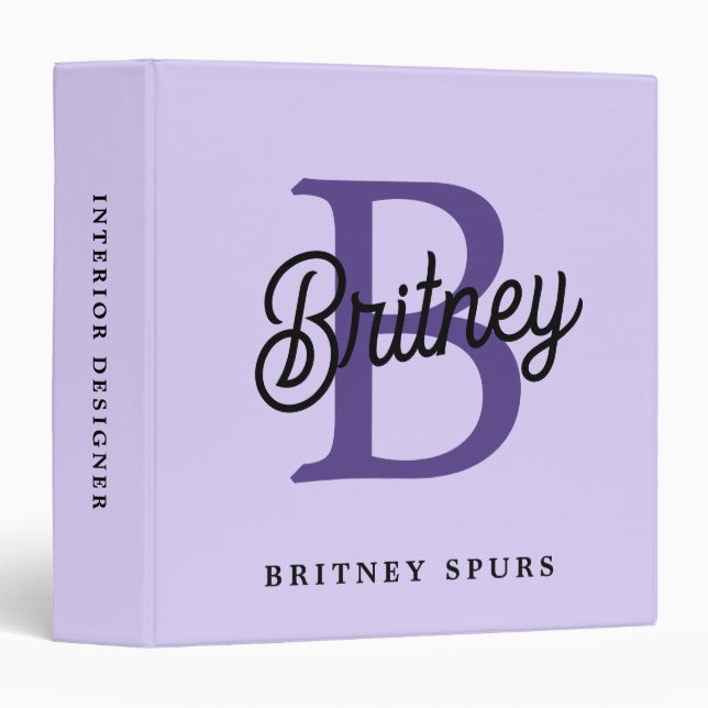 Modern Monogram Name Purple Black Script Office 3 Ring Binder (Front/Spine)