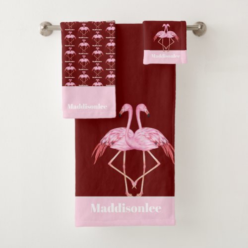 Modern Monogram Name Red Pink Flamingo Bathroom Bath Towel Set