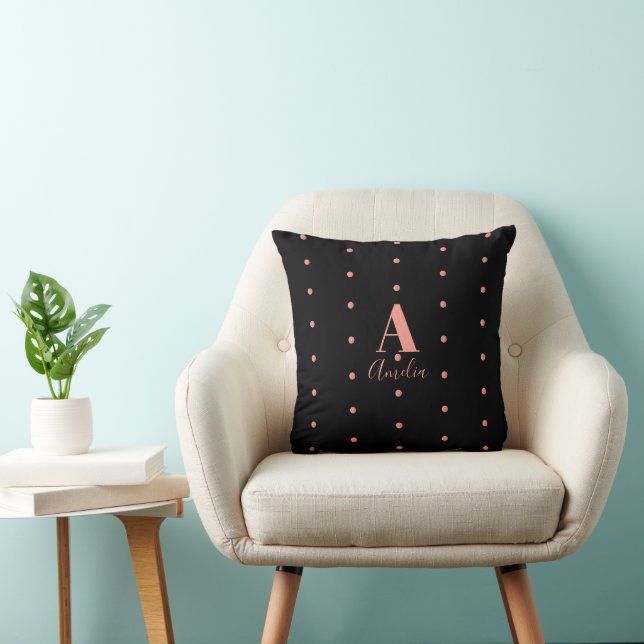 Modern Monogram Name Rose Gold Black Polka Dot Throw Pillow (Chair)