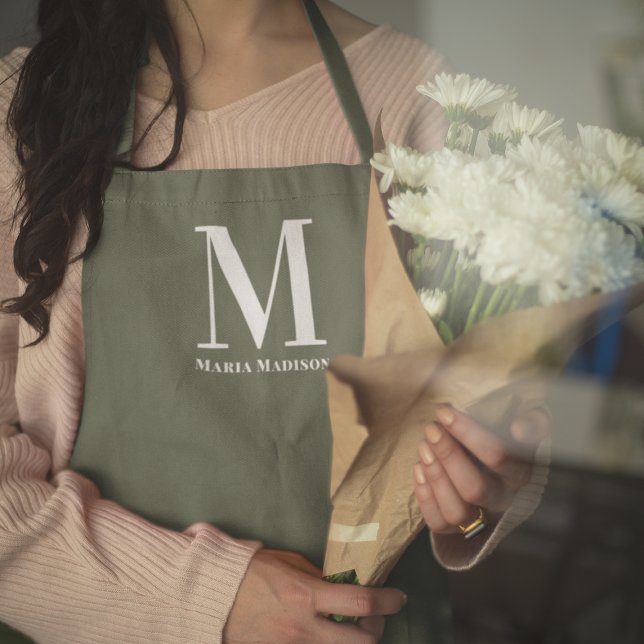 Modern Monogram Name Sage Green Girly  Apron (Creator Uploaded)