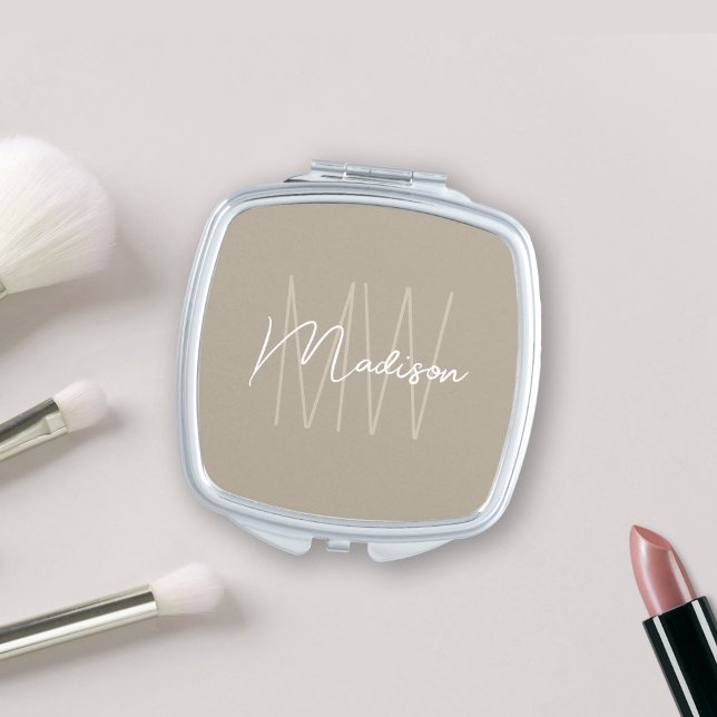 Modern Monogram Name Script Beige Compact Mirror (Modern Monogram Name Script Beige Compact Mirror)