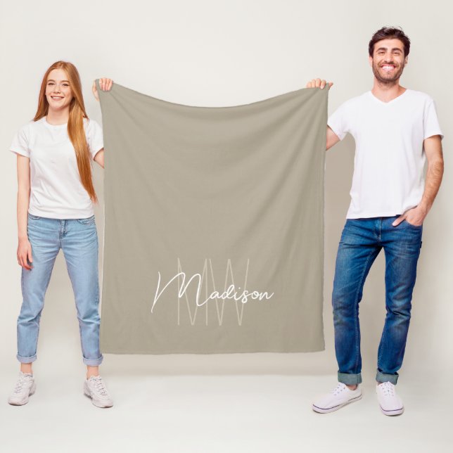 Modern Monogram Name Script Beige Fleece Blanket (In Situ)
