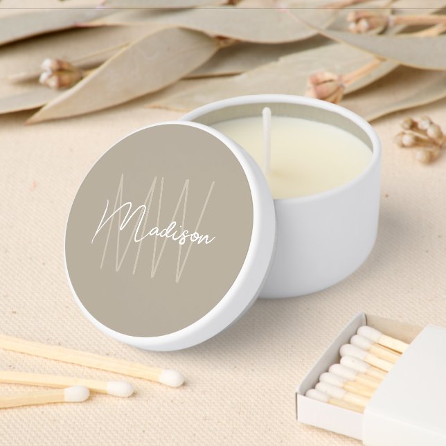 Modern Monogram Name Script Beige Mini Candle Favors (Insitu)