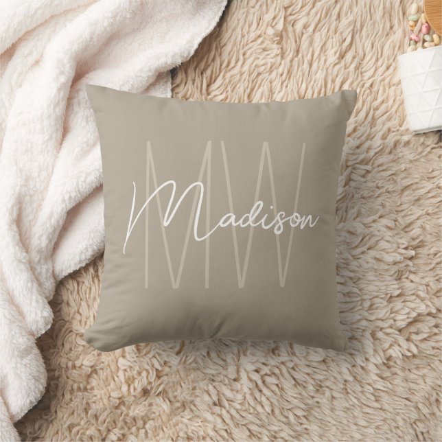 Modern Monogram Name Script Beige Throw Pillow (Blanket)