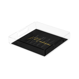 Modern Monogram Name Script Black Gold Acrylic Tray
