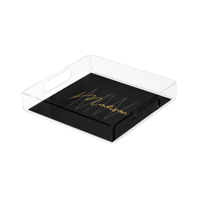 Modern Monogram Name Script Black Gold Acrylic Tray (Angled)