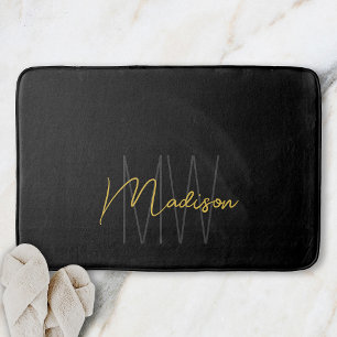 Modern Monogram Name Script Black Gold Bath Mat