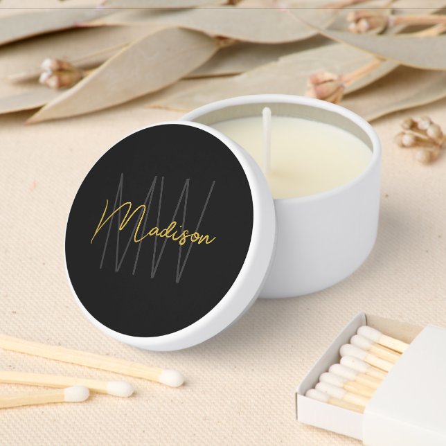 Modern Monogram Name Script Black Gold Mini Candle Favors (Insitu)