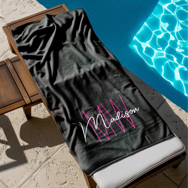 Modern Monogram Name Script Black Pink Beach Towel (Modern Monogram Name Script Black Pink Beach Towel)