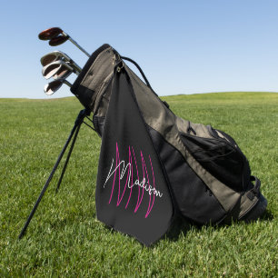 Modern Monogram Name Script Black Pink Golf Towel