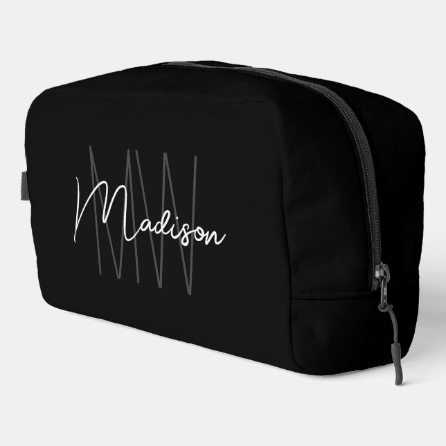 Modern Monogram Name Script Black White Dopp Kit (Right Corner)