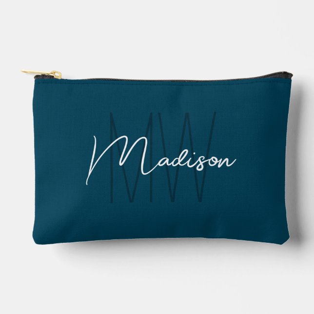 Modern Monogram Name Script Blue Accessory Pouch (Front)